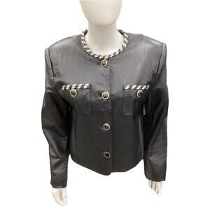 VTG Lord & Taylor Women’s Leather Jacket SZ S Silver/ Black Braided Trim Black